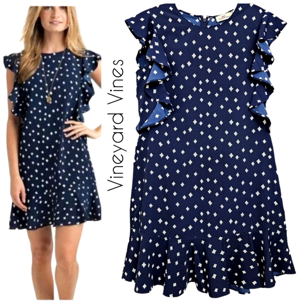 Nwot Vineyard Vines Navy /White Diamond Ruffled Cap Sleeves Shift Dress